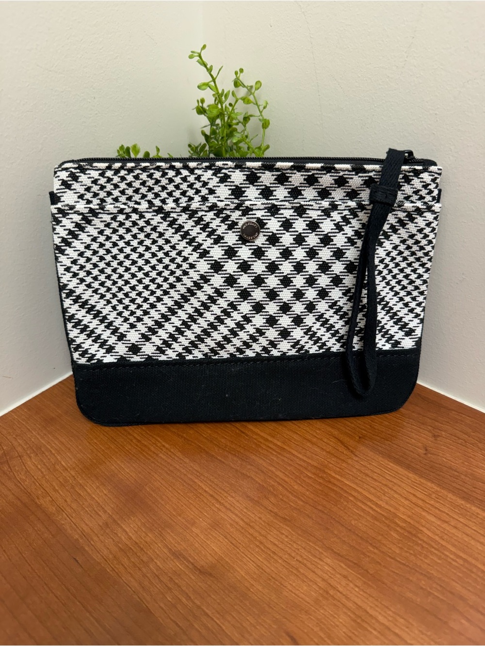 Lands End Wristlet Wallet Bag Purse Cotton Snap Strap Zipper Canvas Houndstooth